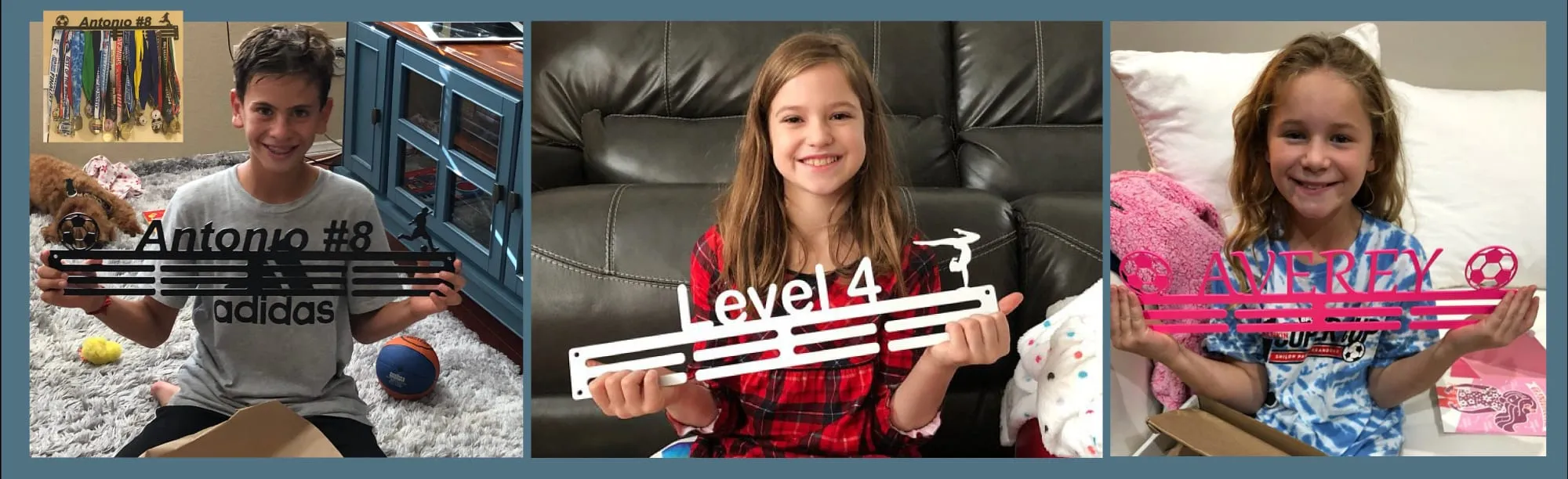 Three kids holding their personalized steel medal hangers: Antonio #8 in black, Level 4 in white, and Avery in pink