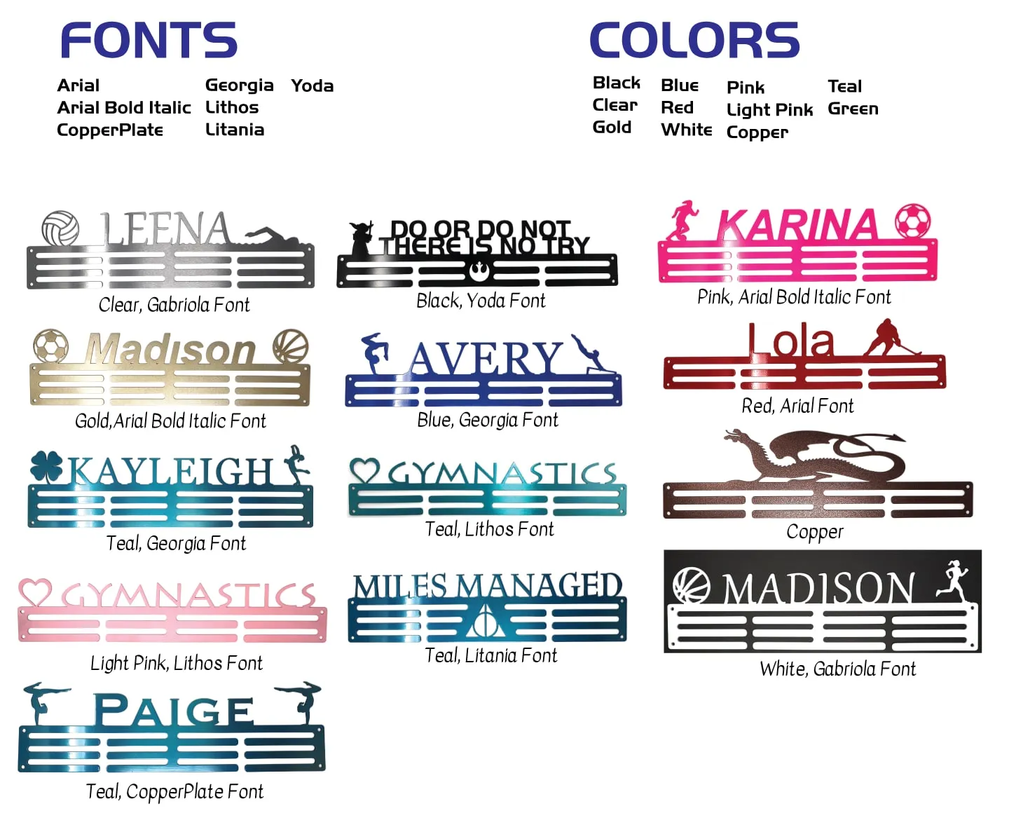 Font and color options: sample hangers in clear, gold, teal, pink, blue, red, copper, black and white, with fonts including Arial, Georgia, Lithos, CopperPlate and Yoda